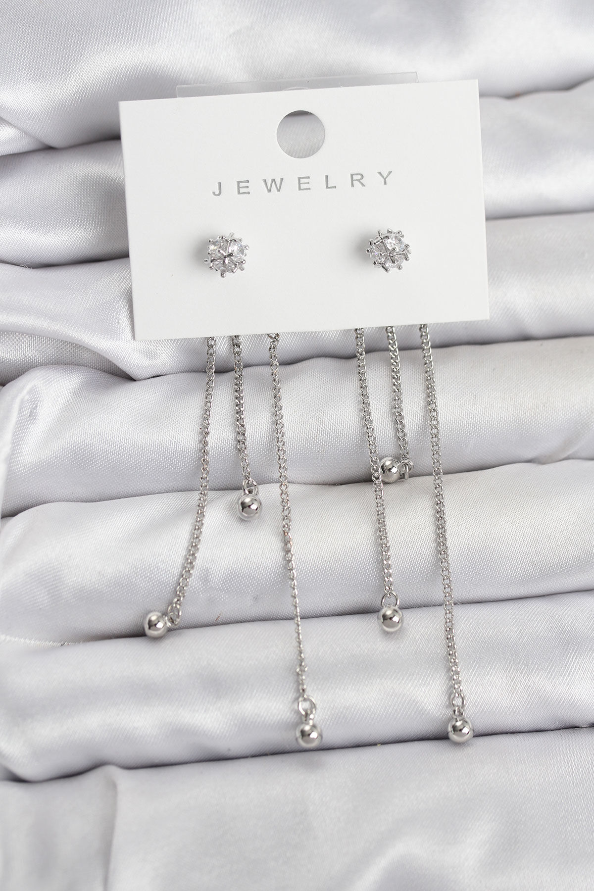 Topçuk Model Gümüş Renk Pirinç Sallantılı Kadın Küpe Seti - TJ-BKP11468