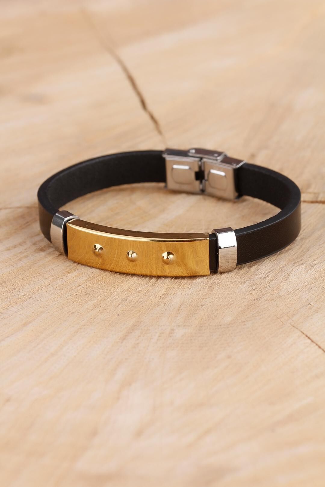 Siyah Silikon Çelik Aksesuar Tasarımlı Detaylı Erkek Bileklik - TJ-EB895