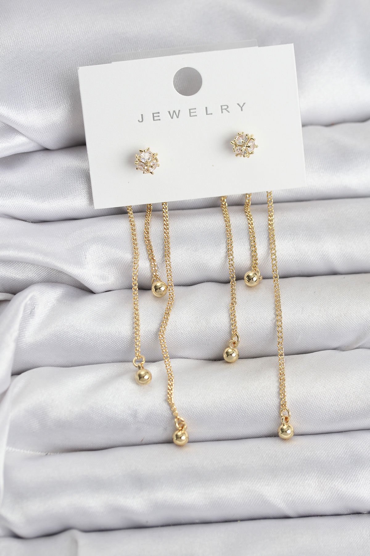 Topçuk Model Gold Renk Pirinç Sallantılı Kadın Küpe Seti - TJ-BKP11469