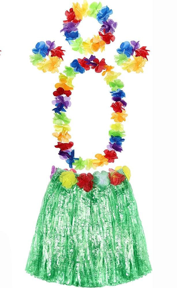 Yetişkin ve Çocuk Uyumlu Luau Aloha Hawaii Yeşil Etek ve Renkli Kolye Taç 2 Adet Bileklik Seti (4944)