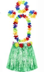 Yetişkin ve Çocuk Uyumlu Luau Aloha Hawaii Yeşil Etek ve Renkli Kolye Taç 2 Adet Bileklik Seti (4944)