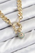 Pirinç Zirkon Taşlı Nazar Boncuk Detaylı Klasik Zincir Model Gold Renk Kadın Kolye - TJ-BKO10482