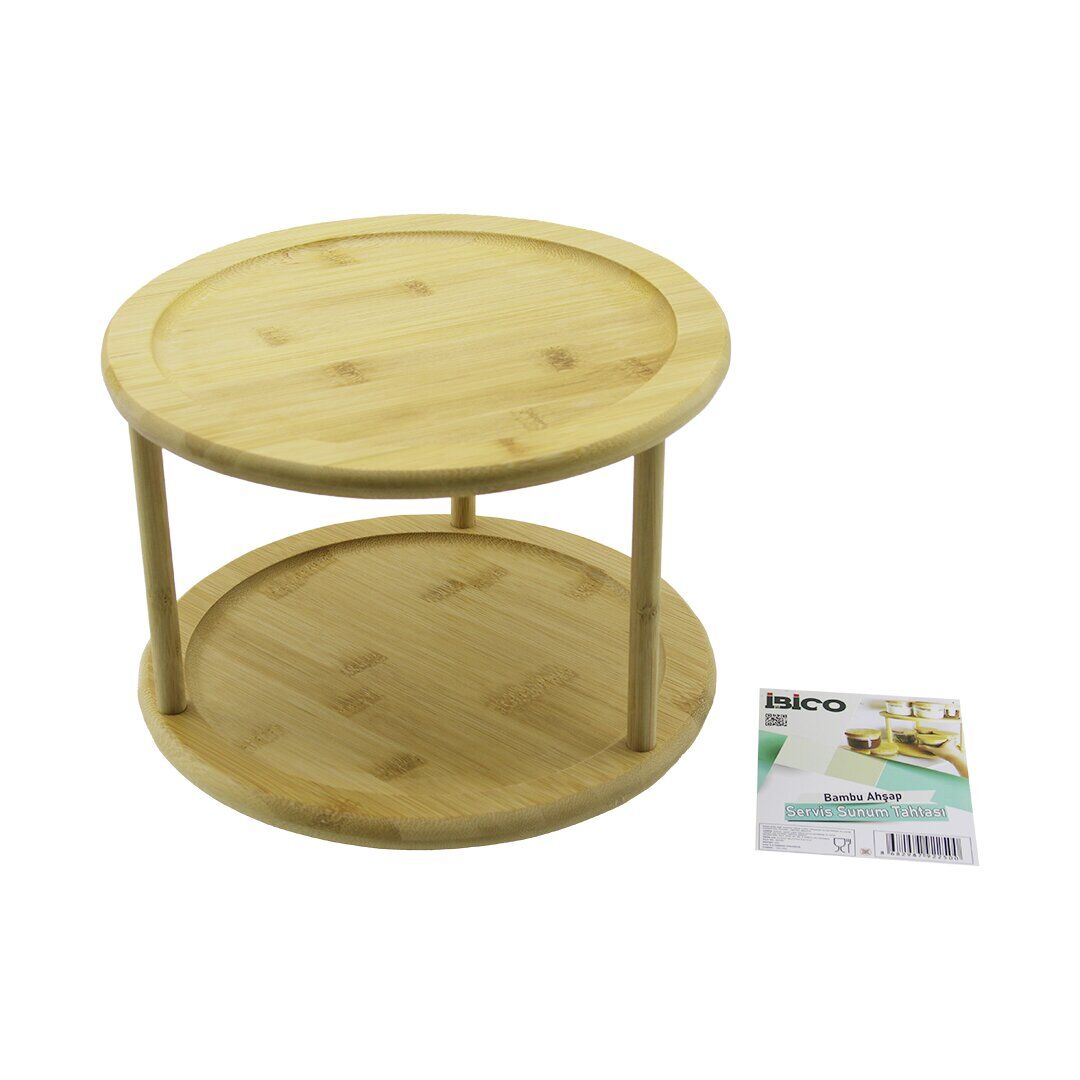 2 KATLI YUVARLAK=24.5CM DÖNER TABLALI AHŞAP BAMBU SUNUM TEPSİSİ - MİNİ SOFRA (4944)