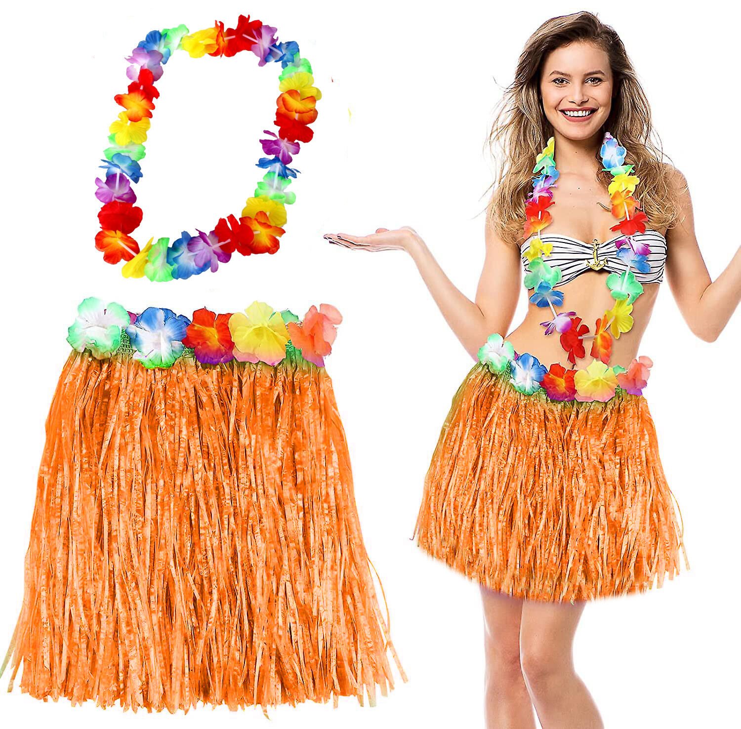 Hawaii Luau Aloha Turuncu Püsküllü 40 cm Etek ve Hawaii Kolye Seti (4944)