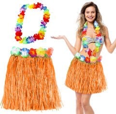 Hawaii Luau Aloha Turuncu Püsküllü 40 cm Etek ve Hawaii Kolye Seti (4944)