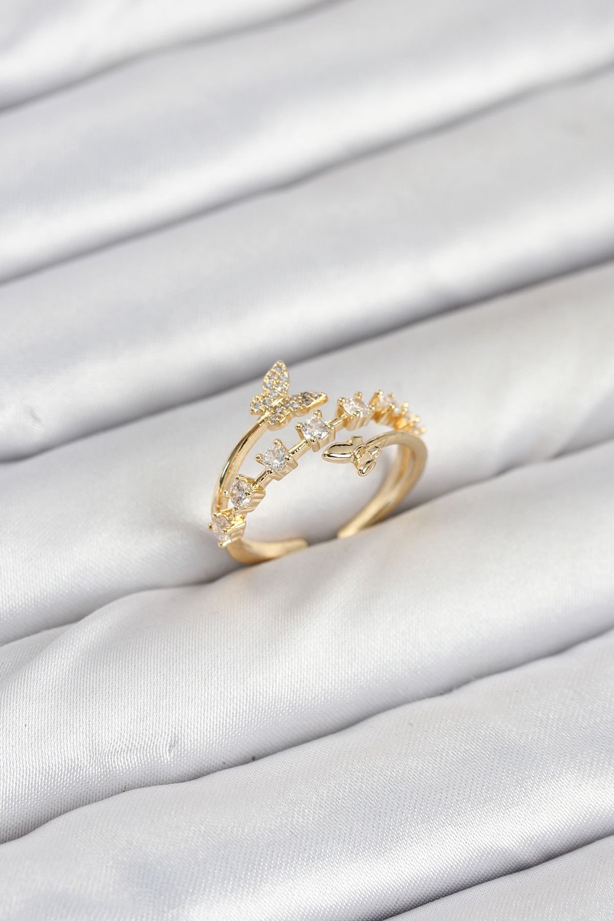 Pirinç Gold Renk Zirkon Taşlı Kelebek Model Kadın Yüzük - TJ-BYK3850