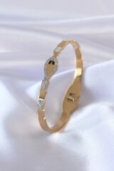 316L Çelik Gold Renk Yılan Model Zirkon Taş Detay Kadın Kelepçe - TJ-BB5054