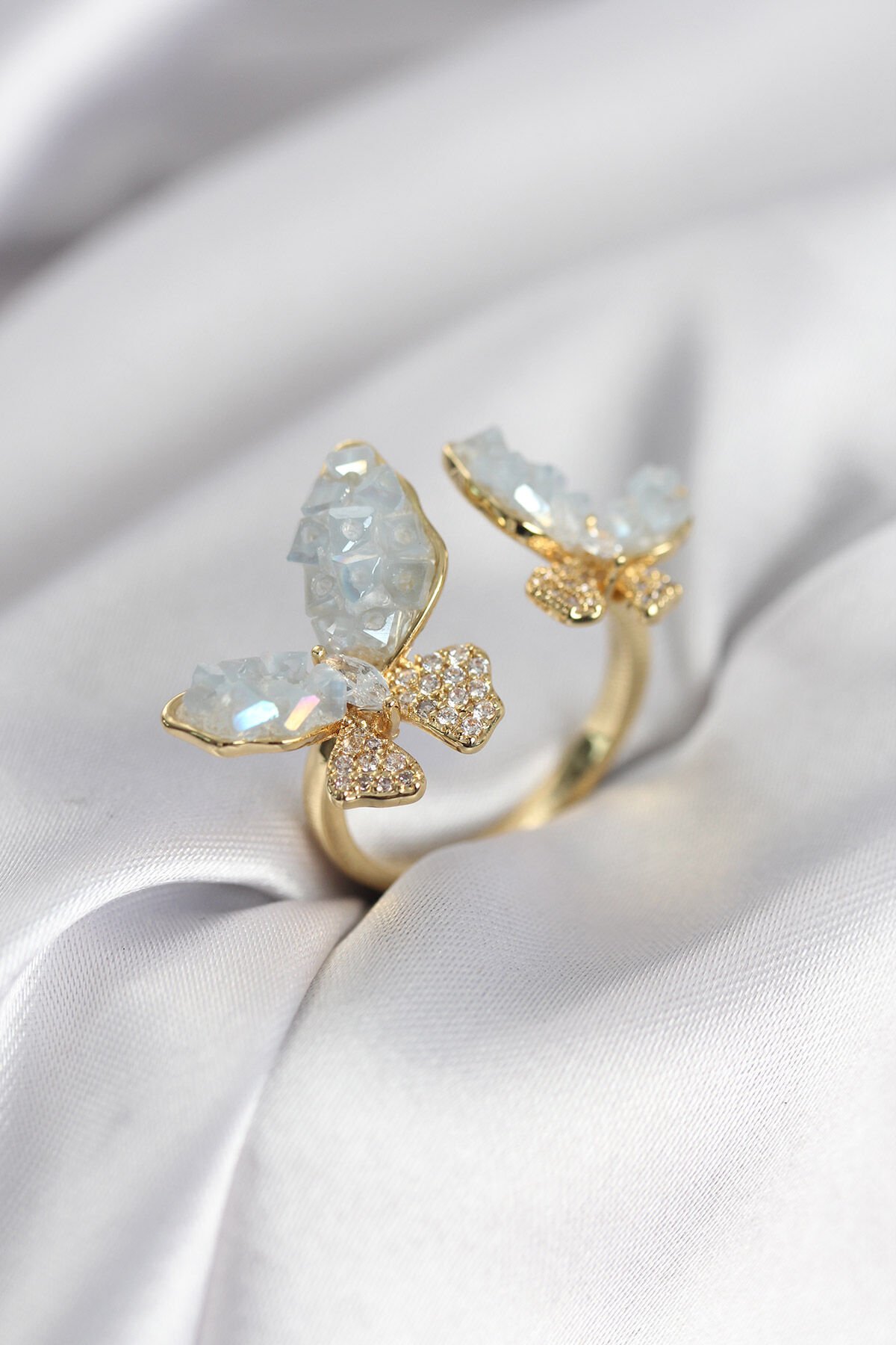 Gold Renk Mavi Kelebek Model Zirkon Taşlı Kadın Yüzük - TJ-BYK3946