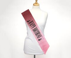 Pembe Üzeri Siyah Büyük Happy Birthday Yazılı Simli Işıltılı Kuşak Kemer 10 cm Genişlik (4944)