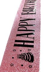 Pembe Üzeri Siyah Büyük Happy Birthday Yazılı Simli Işıltılı Kuşak Kemer 10 cm Genişlik (4944)