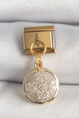 316L Çelik Gold Renk Sallantı Zirkon Taşlı Yonca Model Nomination Charm - TJ-BC1340