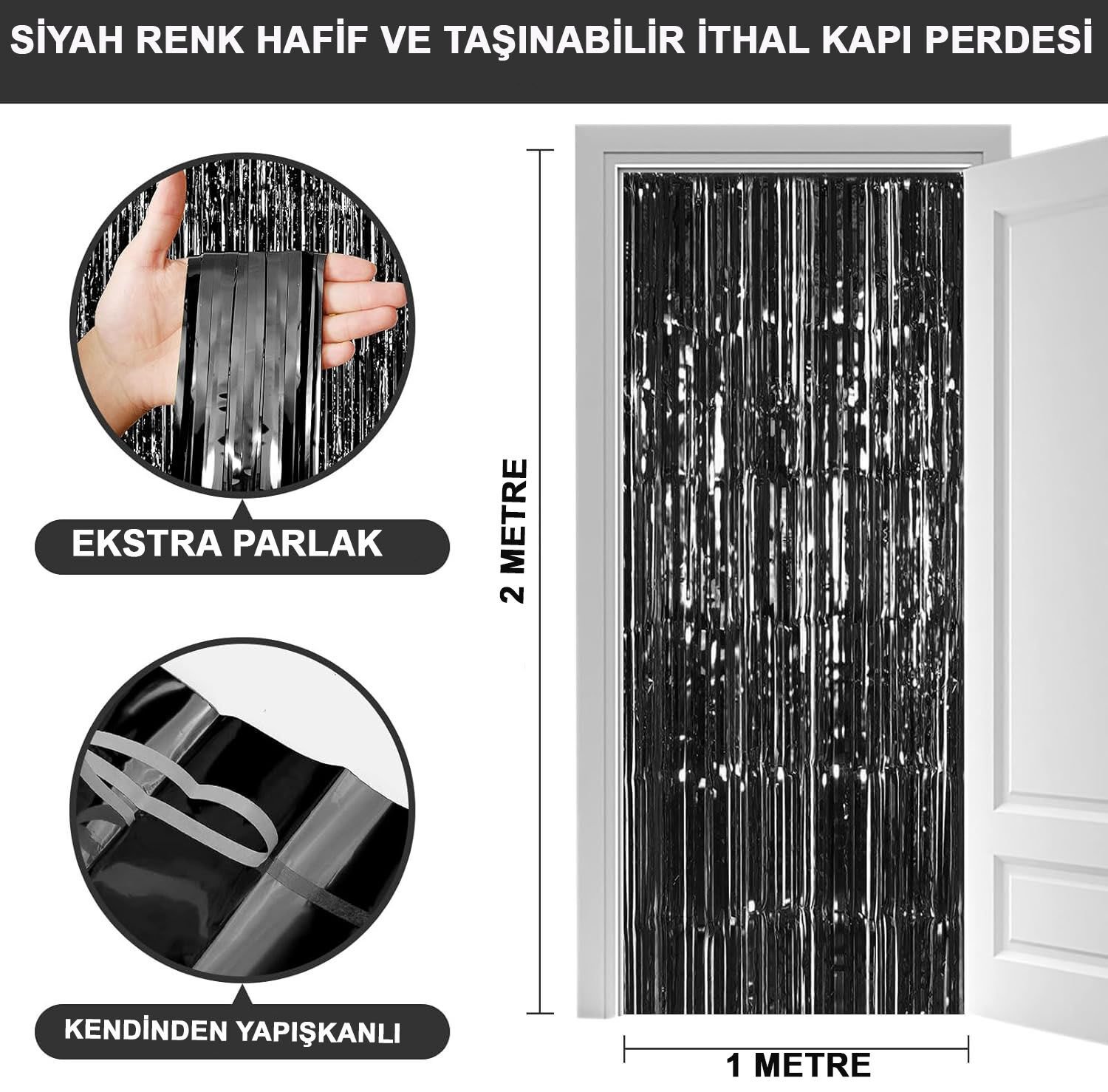 Siyah Renk Ekstra Metalize Parlak Saçaklı Arka Fon Perde İthal A Kalite 1x2 Metre (4944)