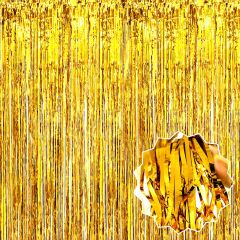 Altın Gold Renk Ekstra Metalize Parlak Saçaklı Arka Fon Perde İthal A Kalite 1x2 Metre (4944)