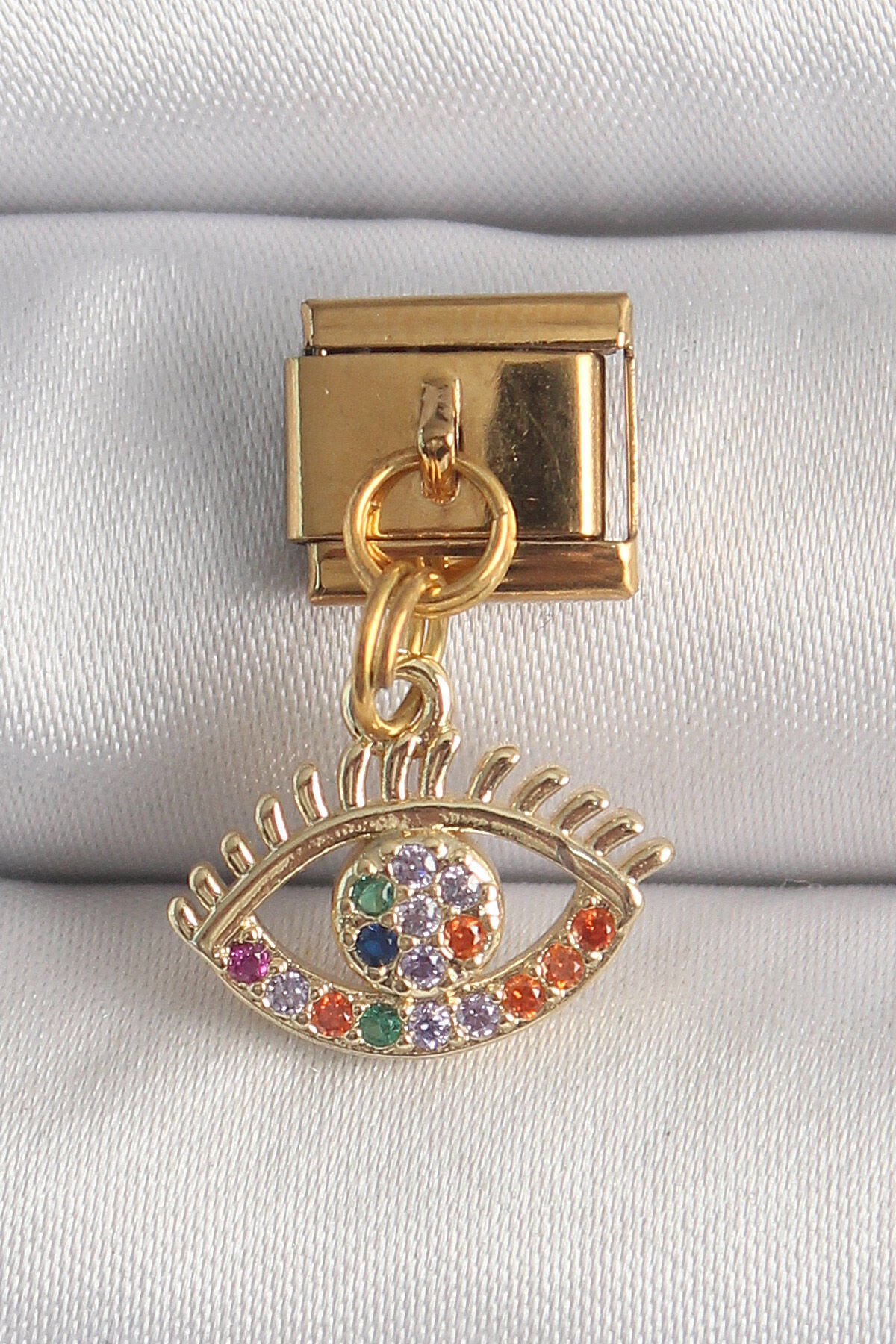 316L Çelik Gold Renk Sallantı Renkli Zirkon Taşlı Göz Model Nomination Charm - TJ-BC1343