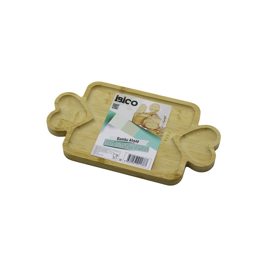 DİKDÖRTGEN 3 BÖLMELİ=2İN1 KALP KULP - BÖLME + 1 AHŞAP BAMBU SERVİS SUNUM TEPSİ - TAHTASI 25 X 14 X 1.4CM (4944)