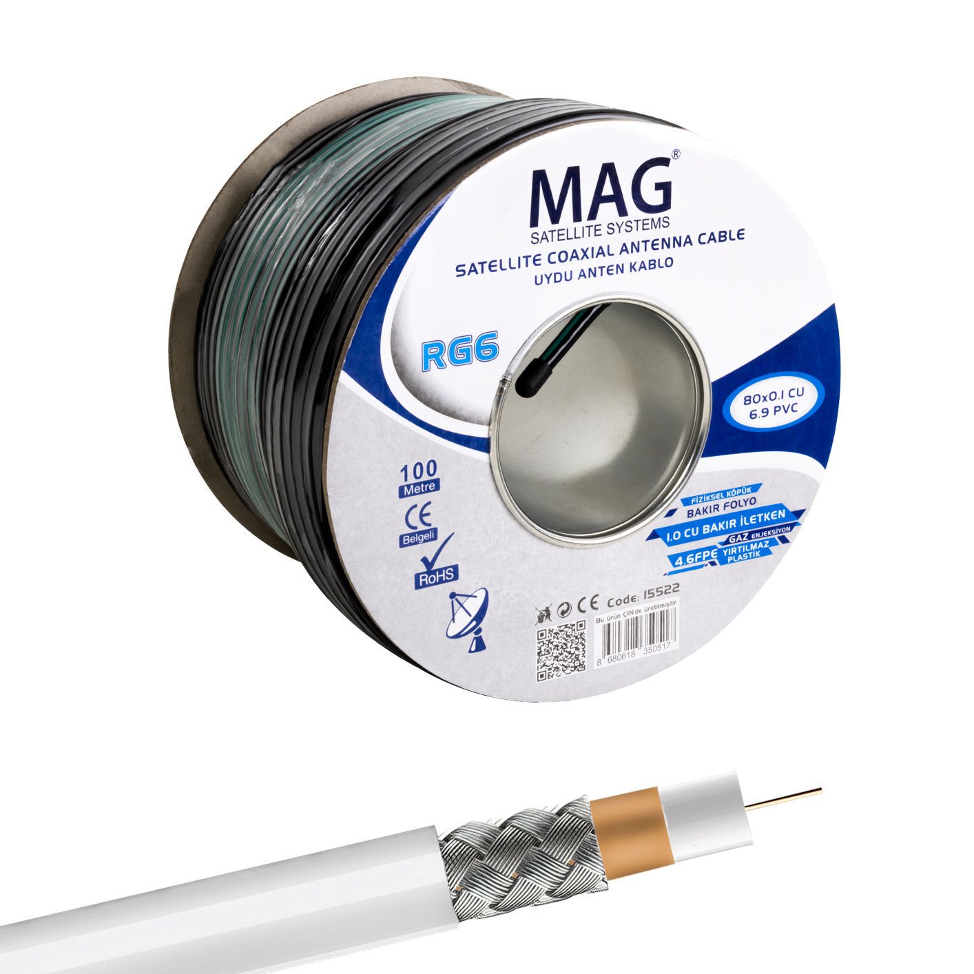 MAG RG6/U6 BAKIR CU/CU 80 TEL YEŞİL ANTEN KABLOSU (100 METRE) (4944)