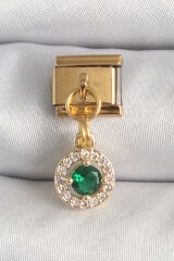 316L Çelik Gold Renk Sallantı Yeşil Zirkon Taşlı Nomination Charm - TJ-BC1344