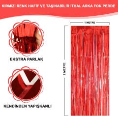 Kırmızı Renk Ekstra Metalize Parlak Saçaklı Arka Fon Perde İthal A Kalite 1x2 Metre (4944)