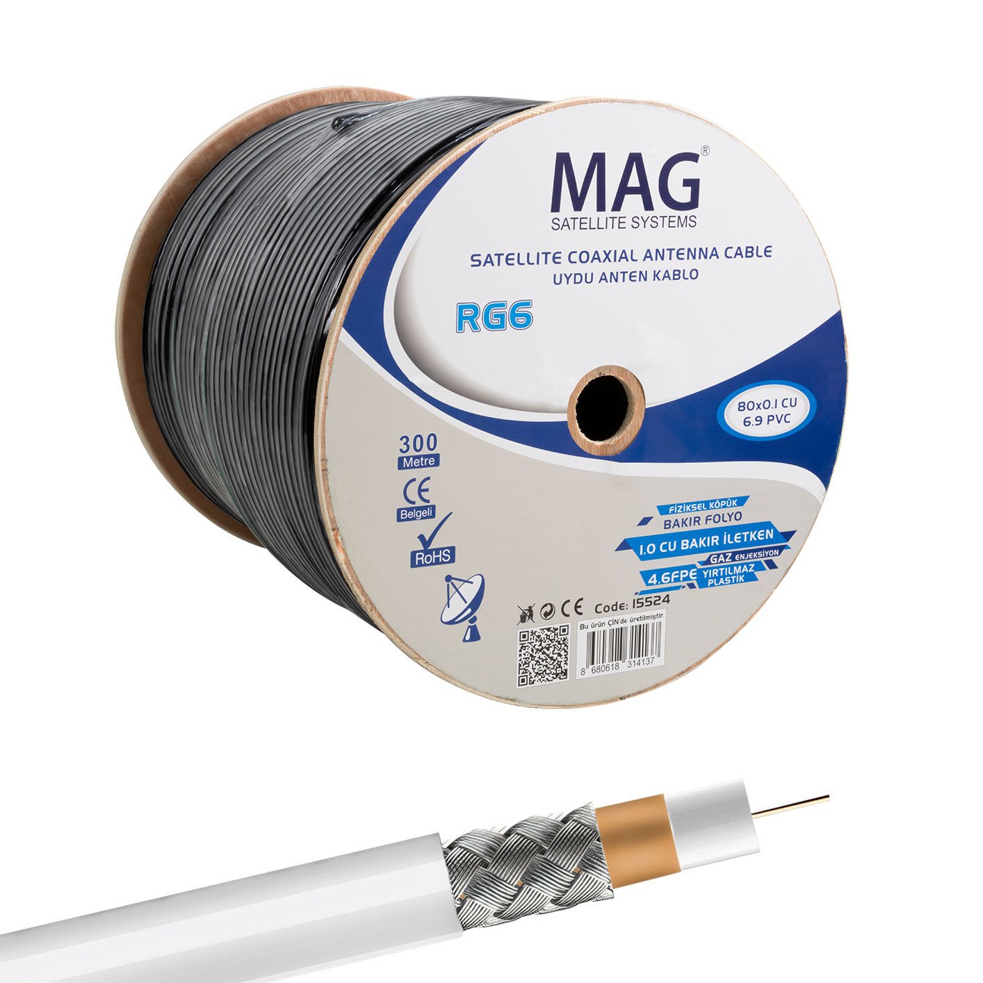 MAG RG6/U6 BAKIR CU/CU YEŞİL ANTEN KABLOSU (300 METRE) (4944)