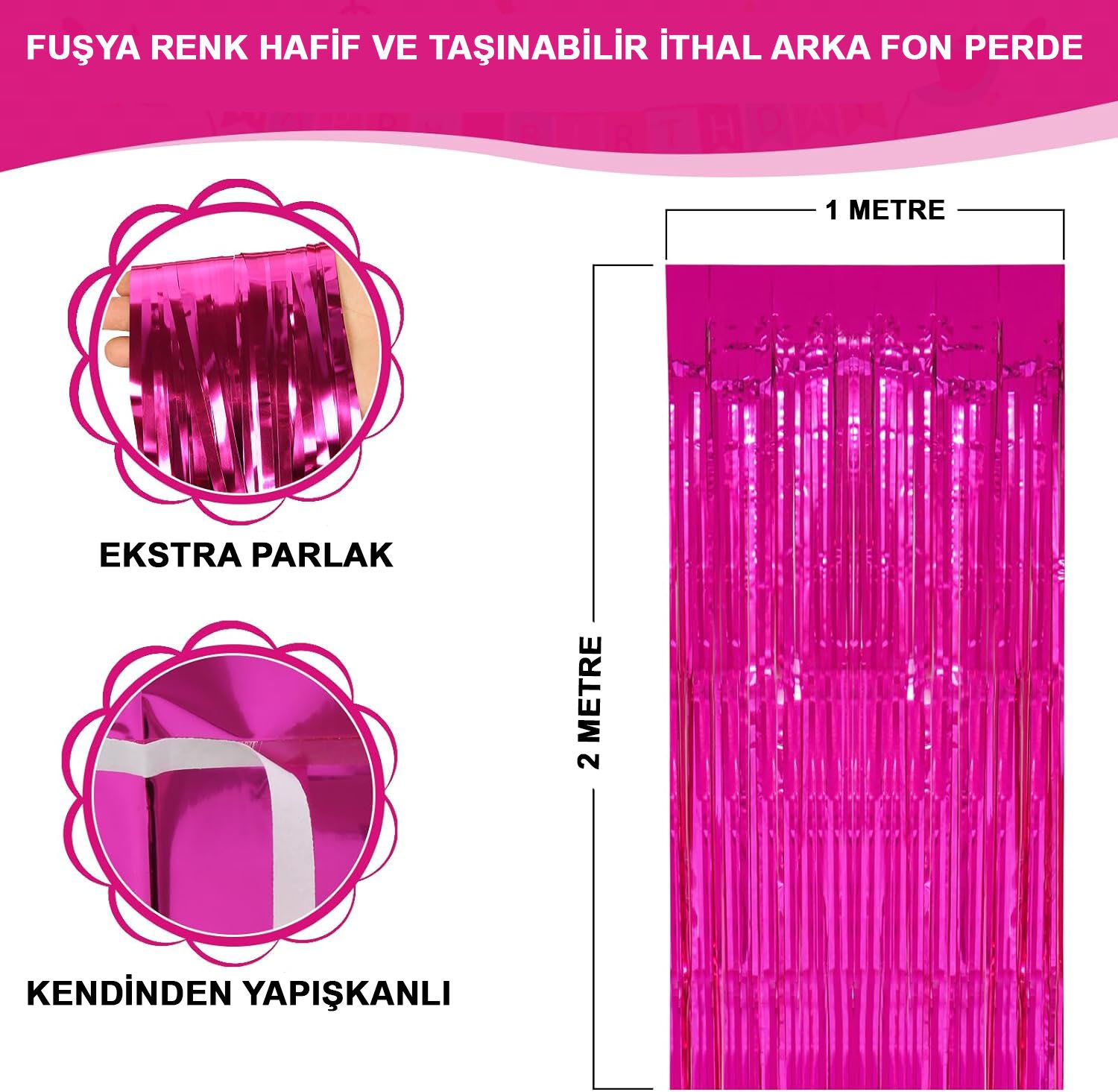 Fuşya Renk Ekstra Metalize Parlak Saçaklı Arka Fon Perde İthal A Kalite 1x2 Metre (4944)