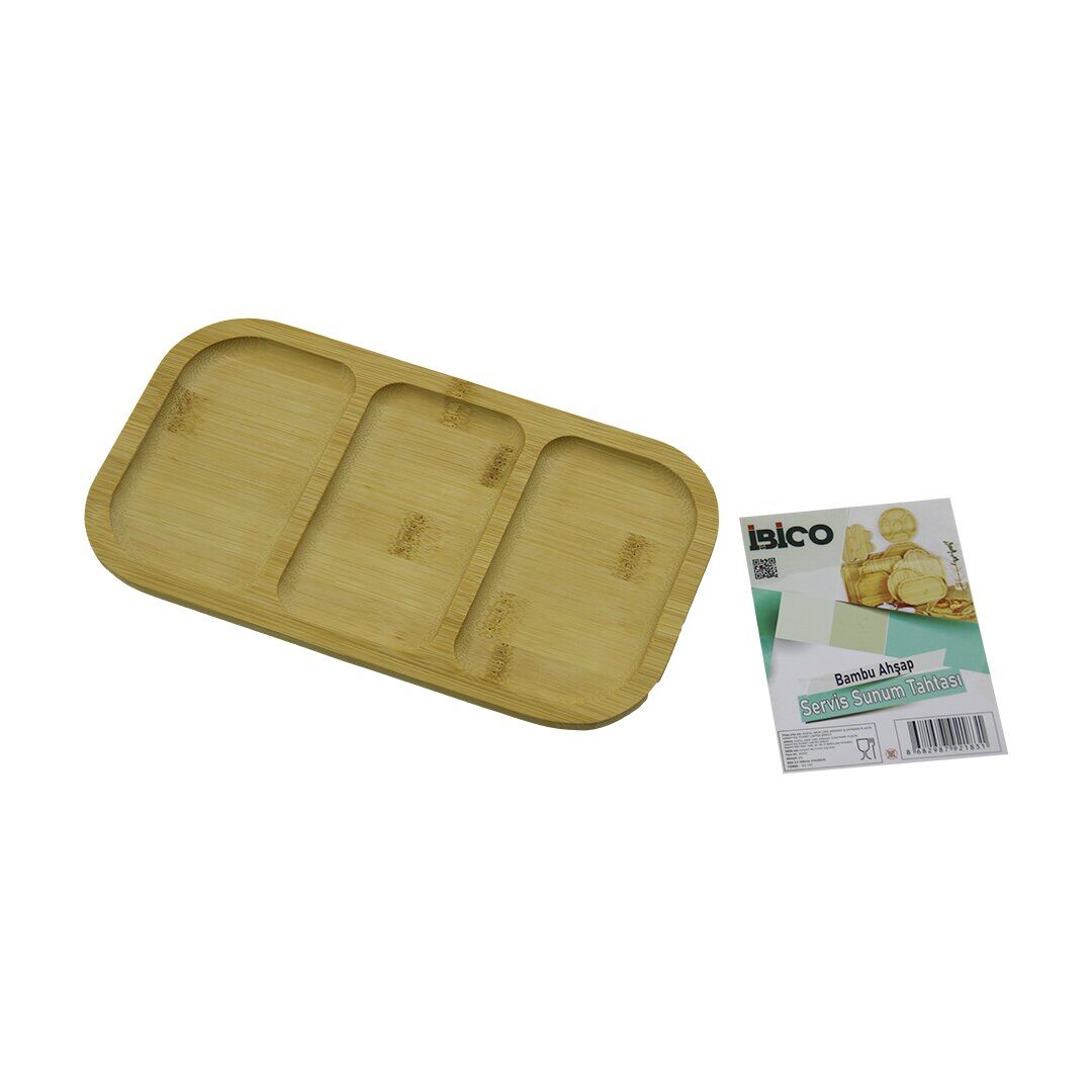 DİKDÖRTGEN 3 BÖLMELİ=2+1 AHŞAP BAMBU SERVİS SUNUM TEPSİ - TAHTASI 25 X 14 X 1.4CM (4944)