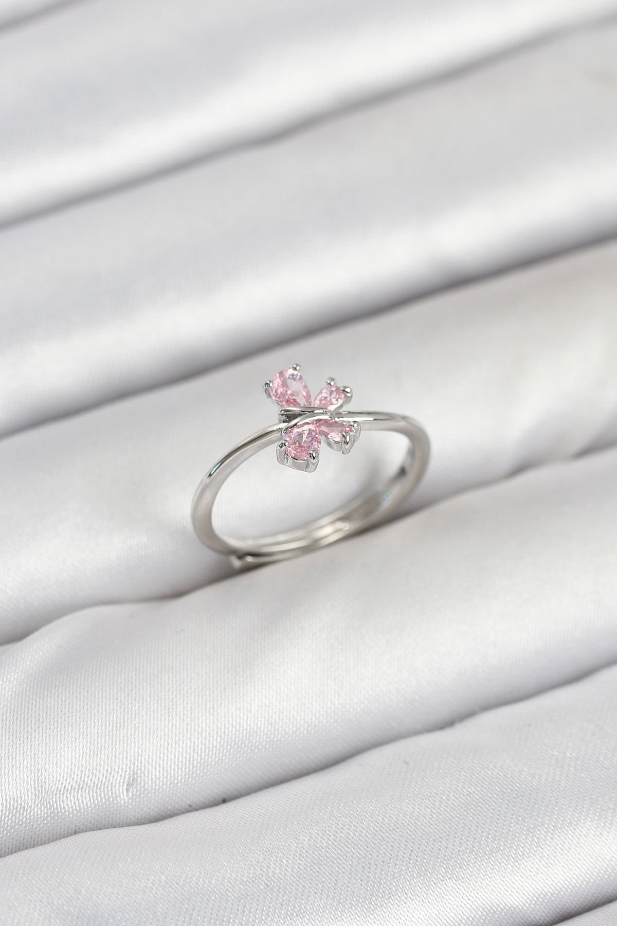 Pirinç Gümüş Renk Pembe Kelebek Kadın Yüzük - TJ-BYK3871