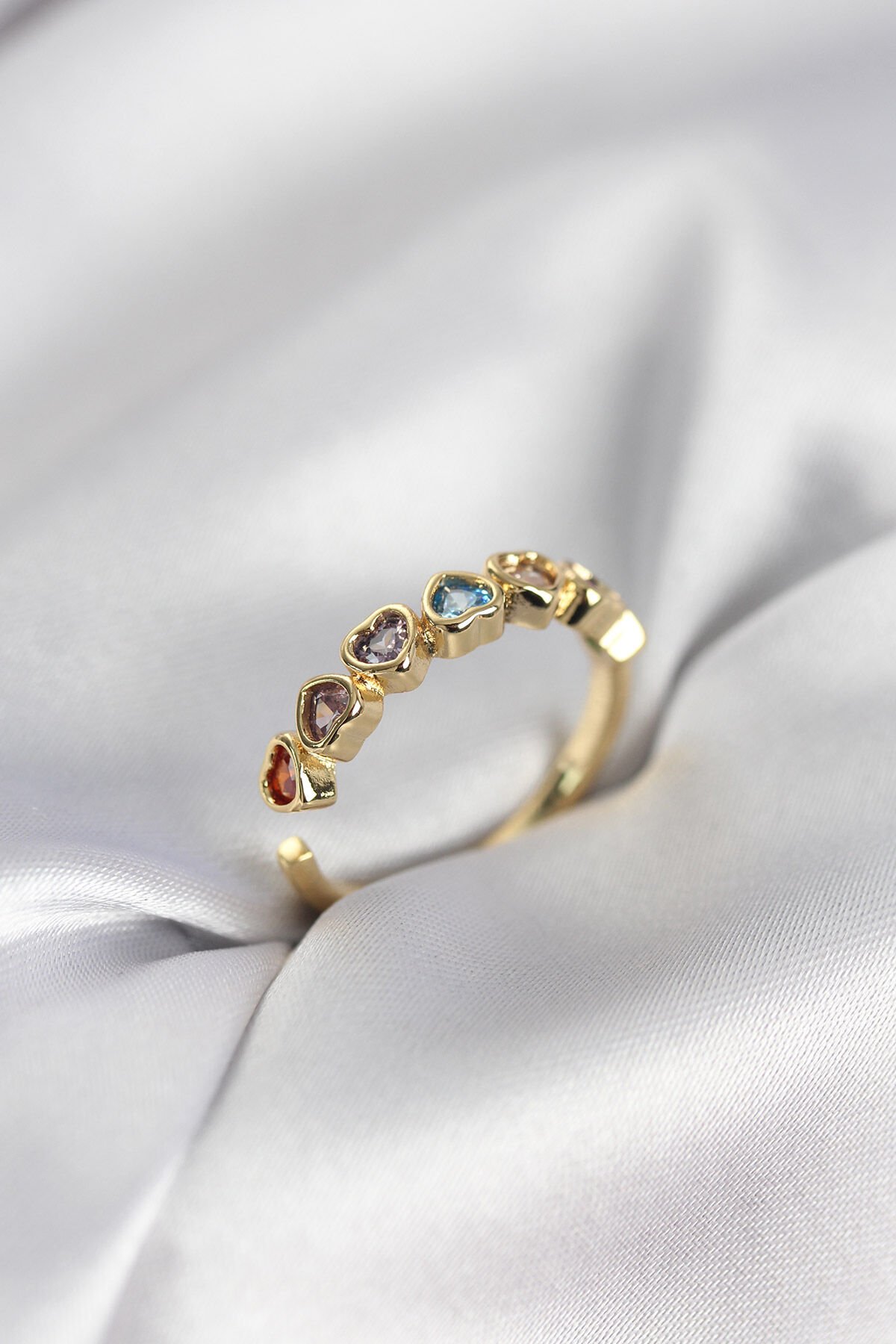 Gold Renk Kalp Model Renkli Zirkon Taşlı Kadın Yüzük - TJ-BYK3963