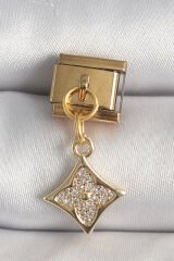 316L Çelik Gold Renk Sallantı Zirkon Taşlı Çiçek İşlemeli Nomination Charm - TJ-BC1355