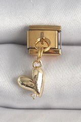 316L Çelik Gold Renk Sallantı Kalp Model Zirkon Taş Detay Nomination Charm - TJ-BC1358