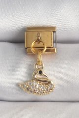 316L Çelik Gold Renk Sallantı Zirkon Taşlı Kuğu Model Nomination Charm - TJ-BC1359
