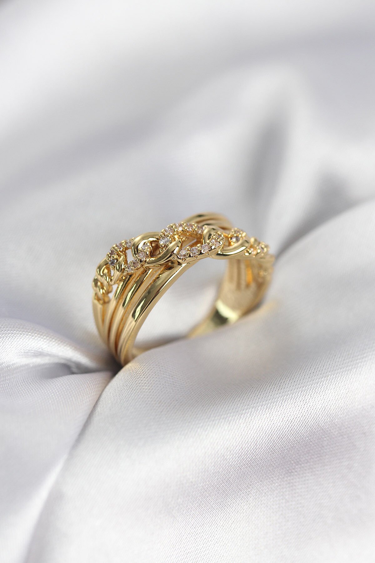 Gold Renk Zirkon Taşlı Zincir Model Kadın Yüzük - TJ-BYK3971