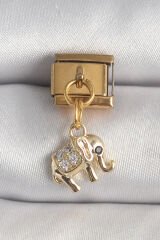 316L Çelik Gold Renk Sallantı Zirkon Taşlı Fil Model Nomination Charm - TJ-BC1362