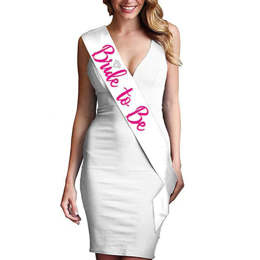 Bride To Be Saten Kuşak Beyaz Üzeri Metalize Fuşya Yazılı 160x9.5 cm