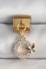 316L Çelik Gold Renk Sallantı Zirkon Taşlı Kelebek Detay Nomination Charm - TJ-BC1365