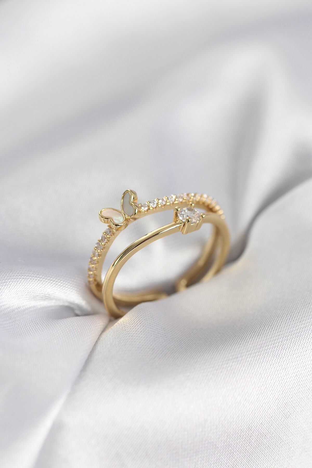 Gold Renk 2'li Zirkon Taşlı Kelebek Model Kadın Yüzük - TJ-BYK3977