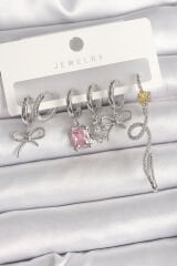 Pirinç Gümüş Renk Sallantı Kurdele Kuyruklu Yıldız Figür Pembe Kare Zirkon Taş Detay Kadın Küpe Seti - TJ-BKP10368