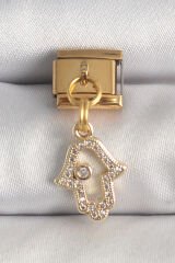 316L Çelik Gold Renk Sallantı Zirkon Taşlı Fatma Ana El Model Nomination Charm - TJ-BC1369