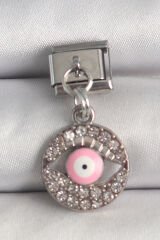 316L Çelik Gümüş Renk Sallantı Zirkon Taşlı Pembe Göz Model Nomination Charm - TJ-BC1373