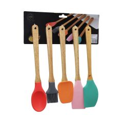 5 PARÇA AHŞAP SAPLI BÜYÜK RENKLİ SİLİKON MUTFAK SET FIRÇA - KAŞIK - SERVİS K. - SPATULA - KARIŞTIRICI (4944)