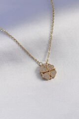316L Çelik Gold Renk Açılır Zirkon Taşlı Yonca Model Kadın Kolye - TJ-BKO7294