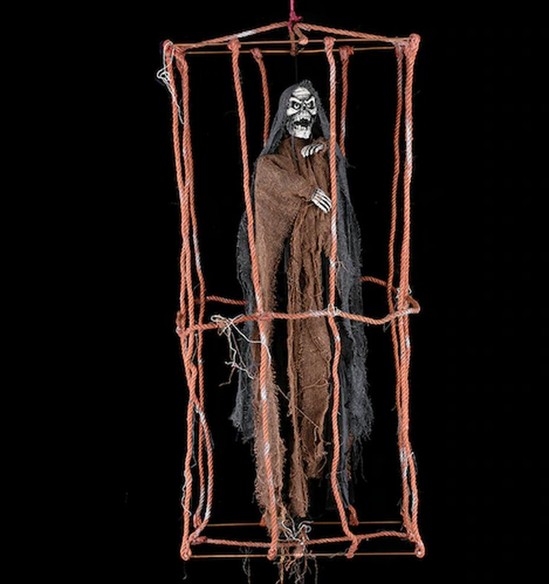 Ürpertici Scary Halloween Sesli Hareketli Sensörlü Siyah Kuru Kafa Dekor 90 cm