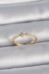 Pirinç Gold Renk Zirkon Taşlı Yıldız Sıralı İncili Ayarlanabilir Model Kadın Yüzük - TJ-BYK3366