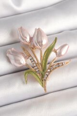 Pirinç Gold Renk Lale Model Zirkon Taş Detay Kadın Broş - TJ-BR433
