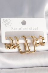 316L Çelik Gold Renk Halka Kare Model Kadın Küpe Seti - TJ-BKP10385