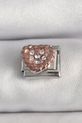 316L Çelik Gümüş Renk Zirkon Taşlı Bronz Kalp İşlemeli Nomination Charm - TJ-BC1393