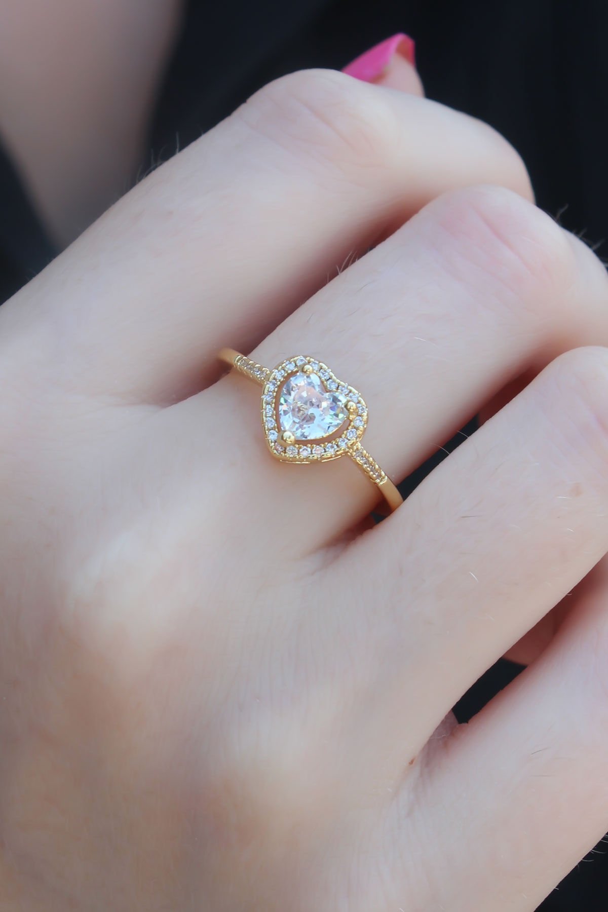 Gold Renk Zirkon Taşlı Kalp Model Charm Pirinç Kadın Yüzük - TJ-BYK2654