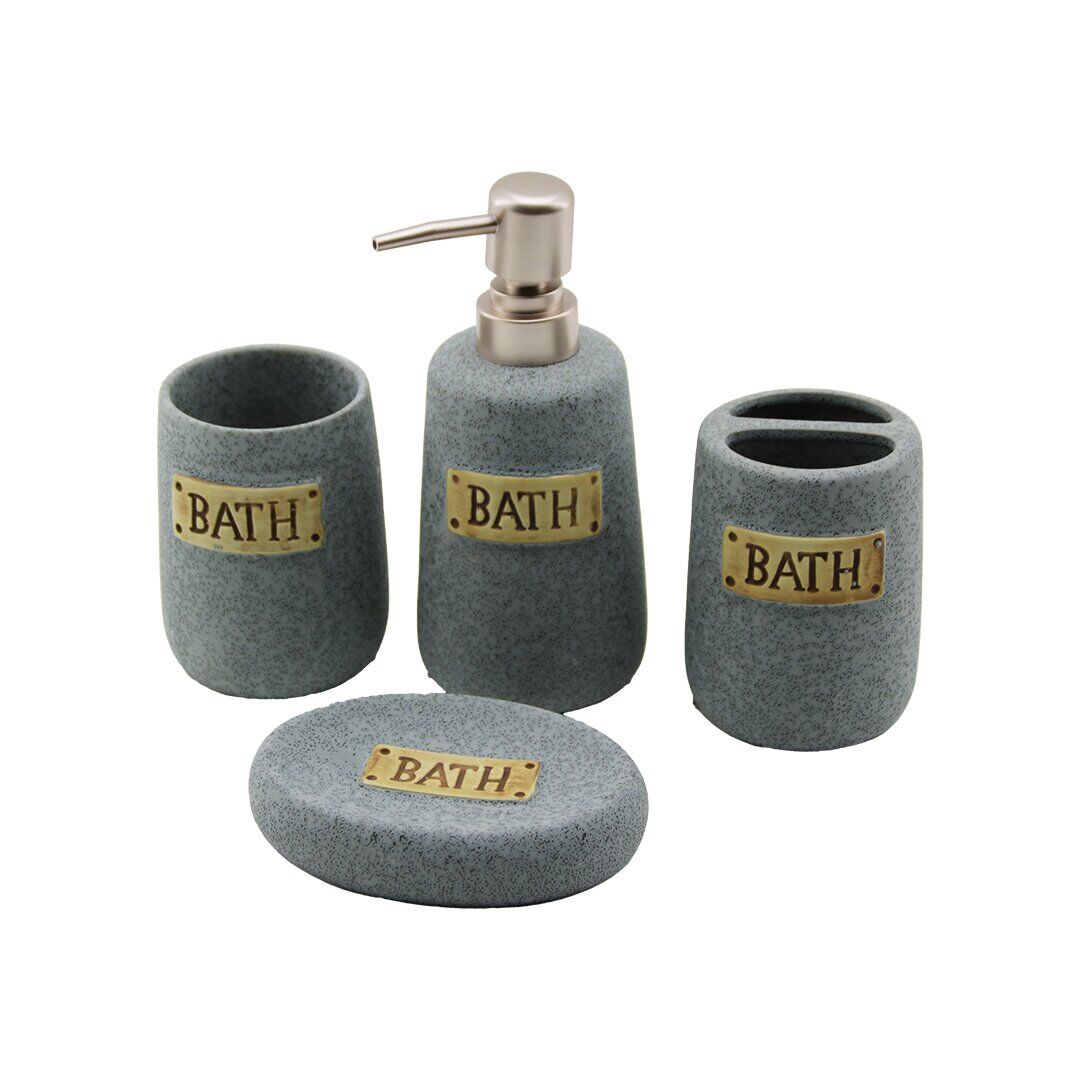 4 PCS GRİ SERAMİK BANYO TEMİZLİK SETİ SIVI - KATI SABUNLUK - DİŞ FIRÇALIK - MACUNLUK (4944)