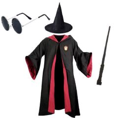 Harry Potter Gryffindor Çocuk Kostüm + Şapka + Asa + Gözlük Full Seti