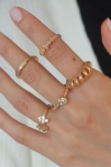 Gold Renk Sarmal Zirkon Taş Detay Kadın Yüzük Kombini - TJ-BYK2452