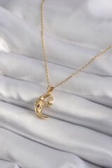 316L Çelik Gold Renk Zirkon Taşlı Ay Yıldız Model Kadın Kolye - TJ-BKO8346
